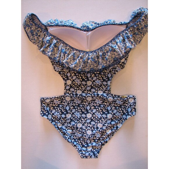 Ruffled Swim Bathing Suit Jessica Simpson Blue Off Shoulder PATCHED UP Cut Out M - Picture 4 of 5